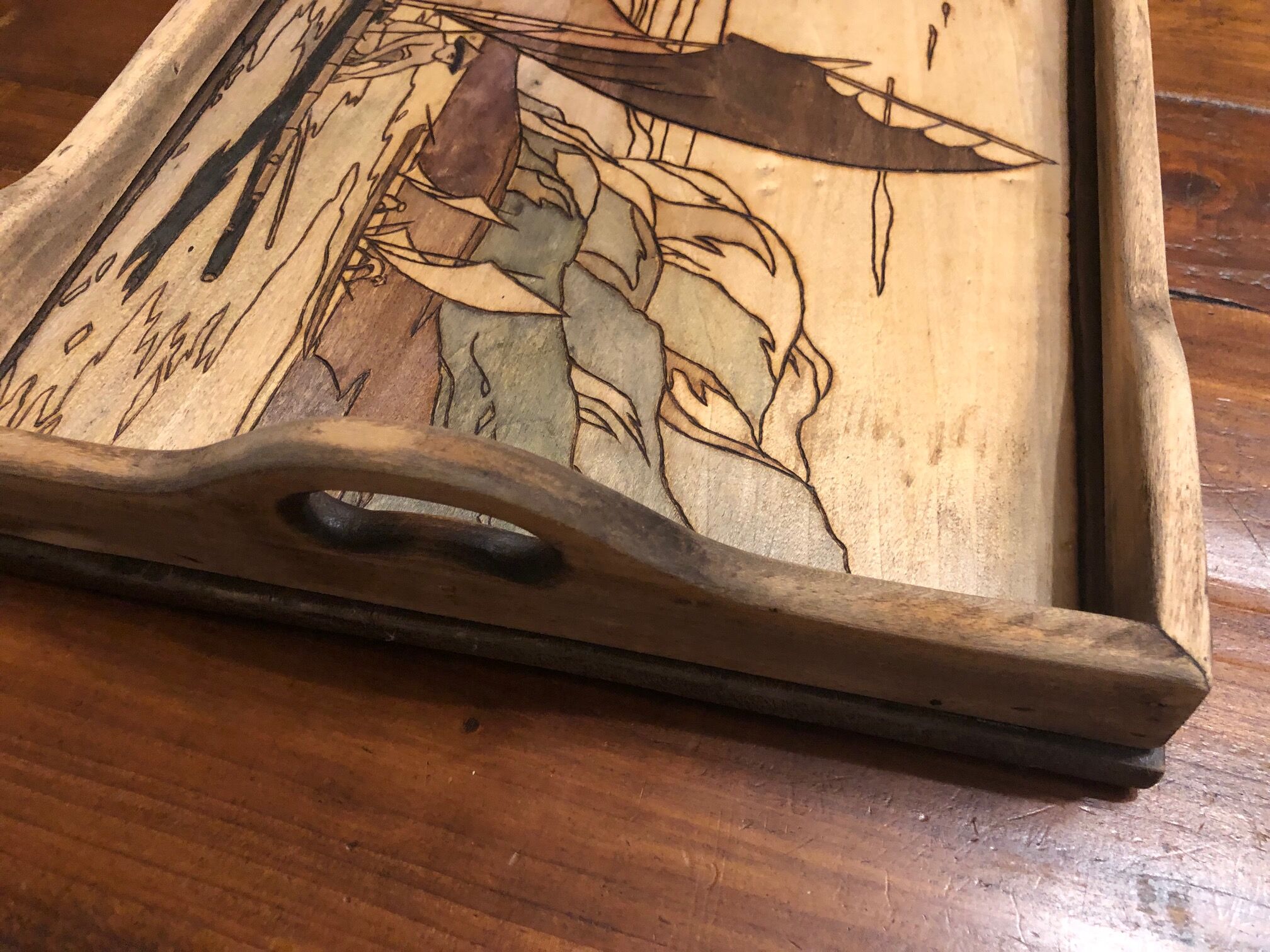 Pyrograved wooden platter - Asian decor