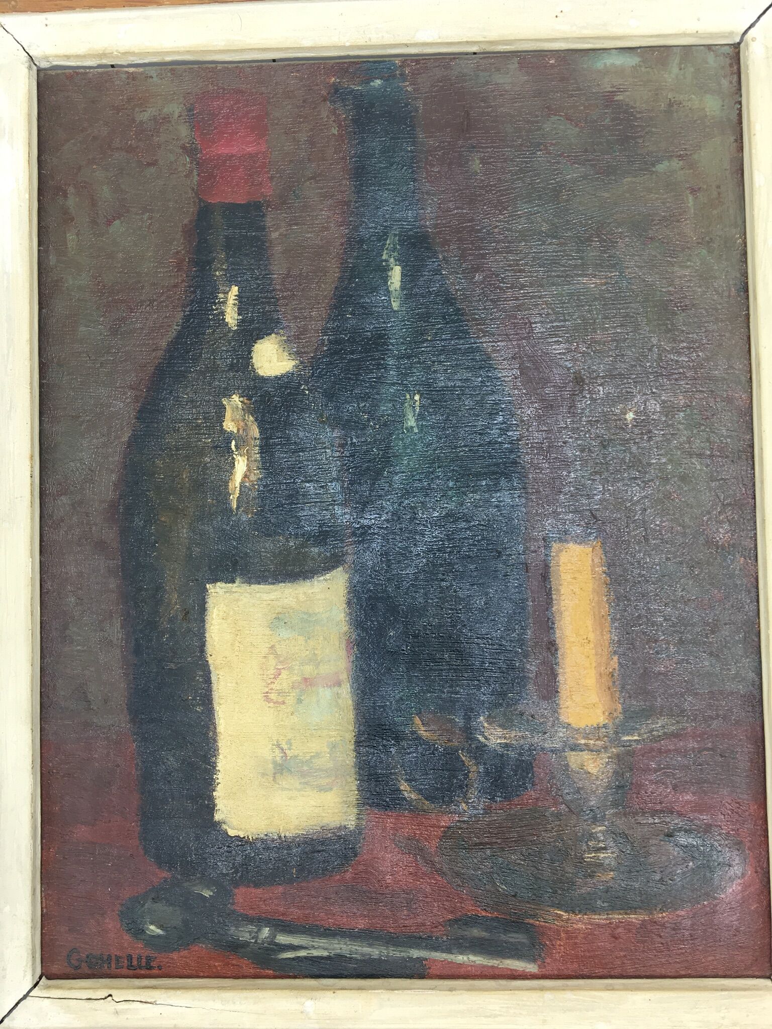 Still life with bottles of wine and candle district XX century