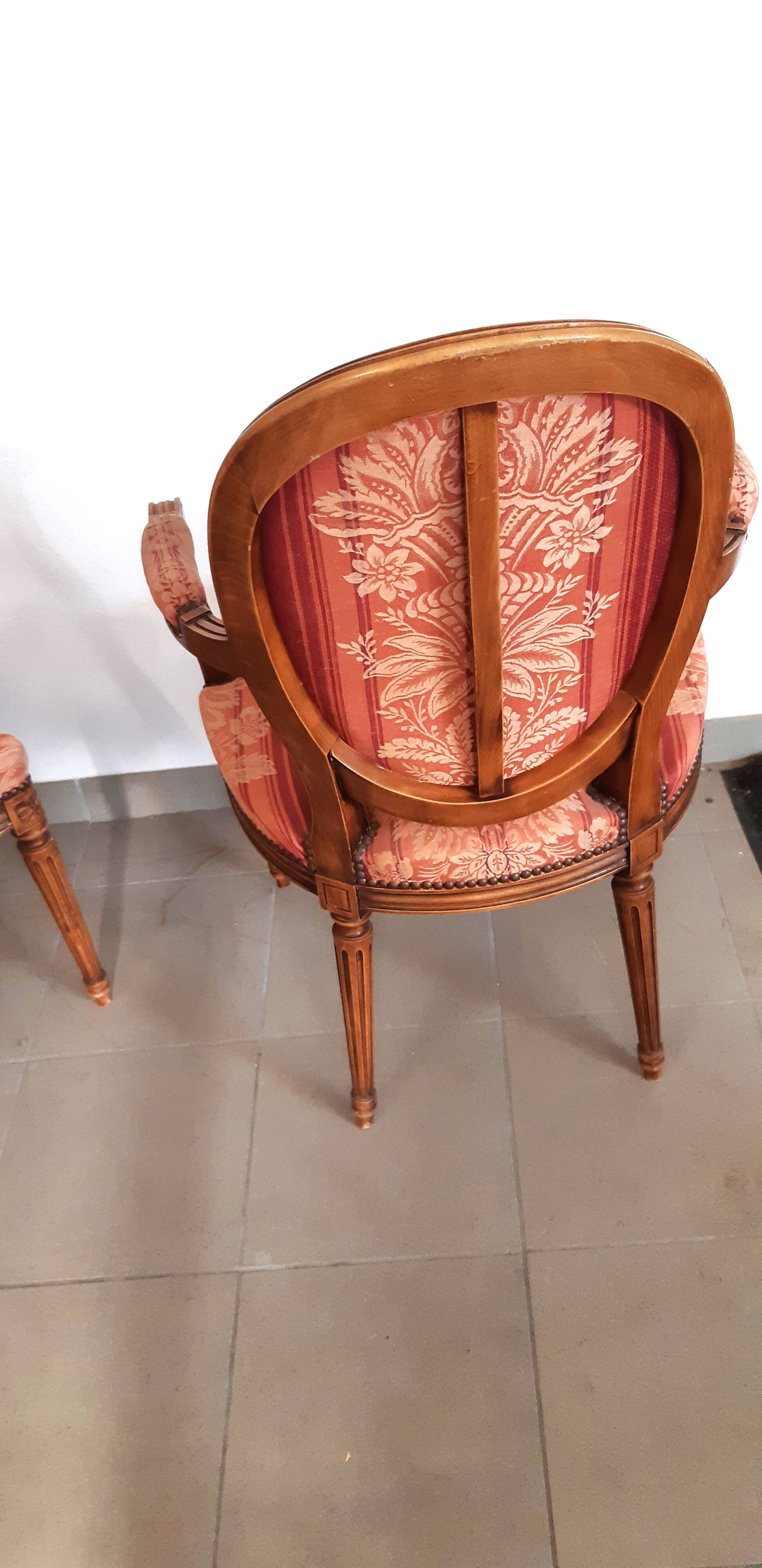 Pair of Louis XVI style cabriolet armchairs with medallion