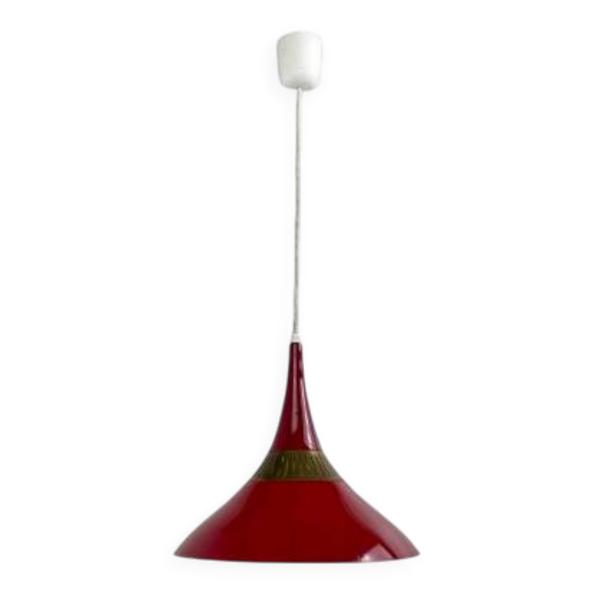 Scandinavian pendant light in red metal and brass, 1960