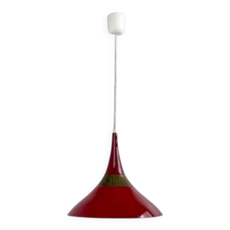 Scandinavian pendant light in red metal and brass, 1960