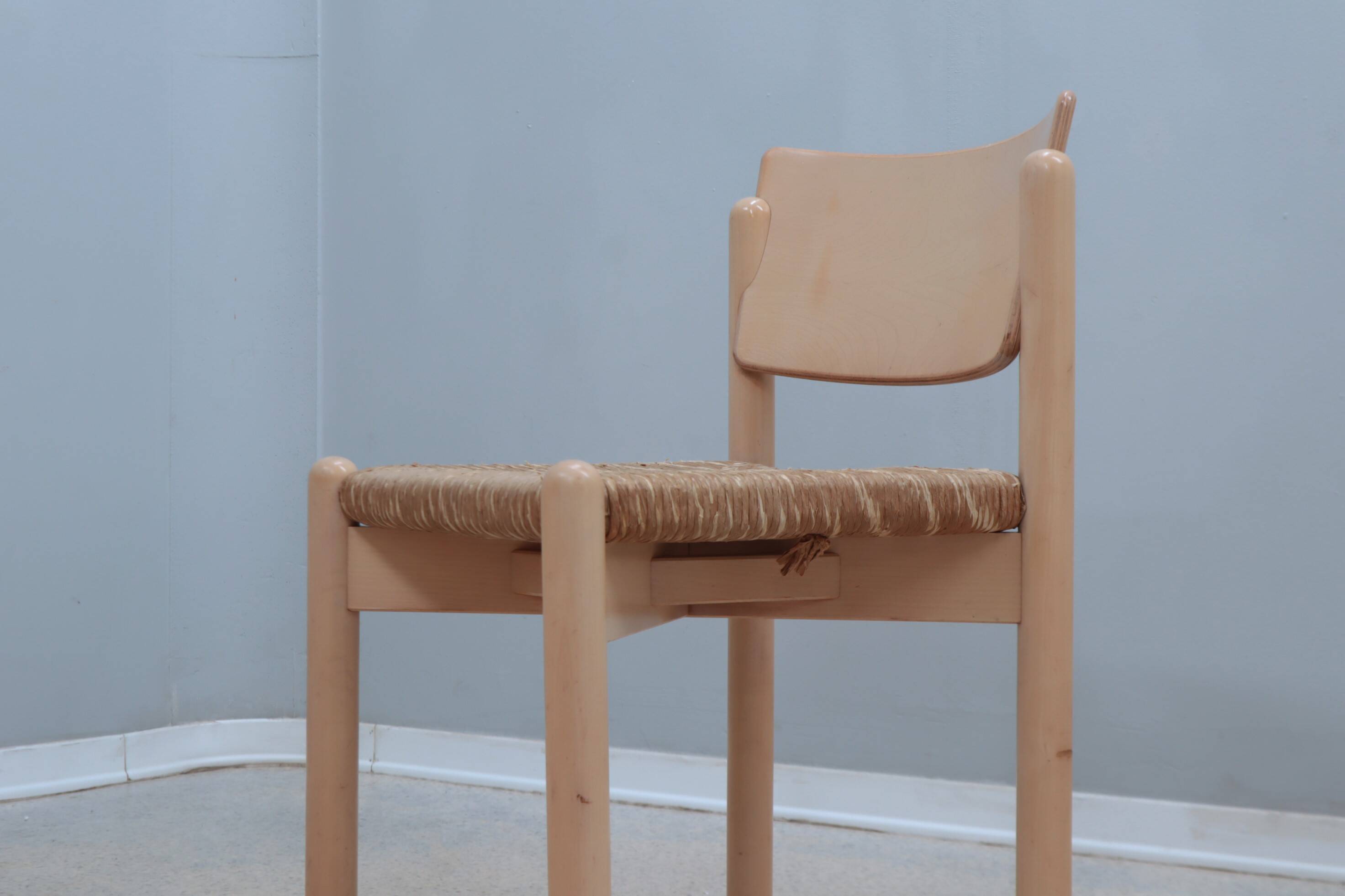 Vintage rustic dining chairs with straw seat 1970s