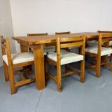 Ensemble de salle à manger moderniste du milieu du siècle en pin, style Chapo, Perriand, Jeanneret, années 50