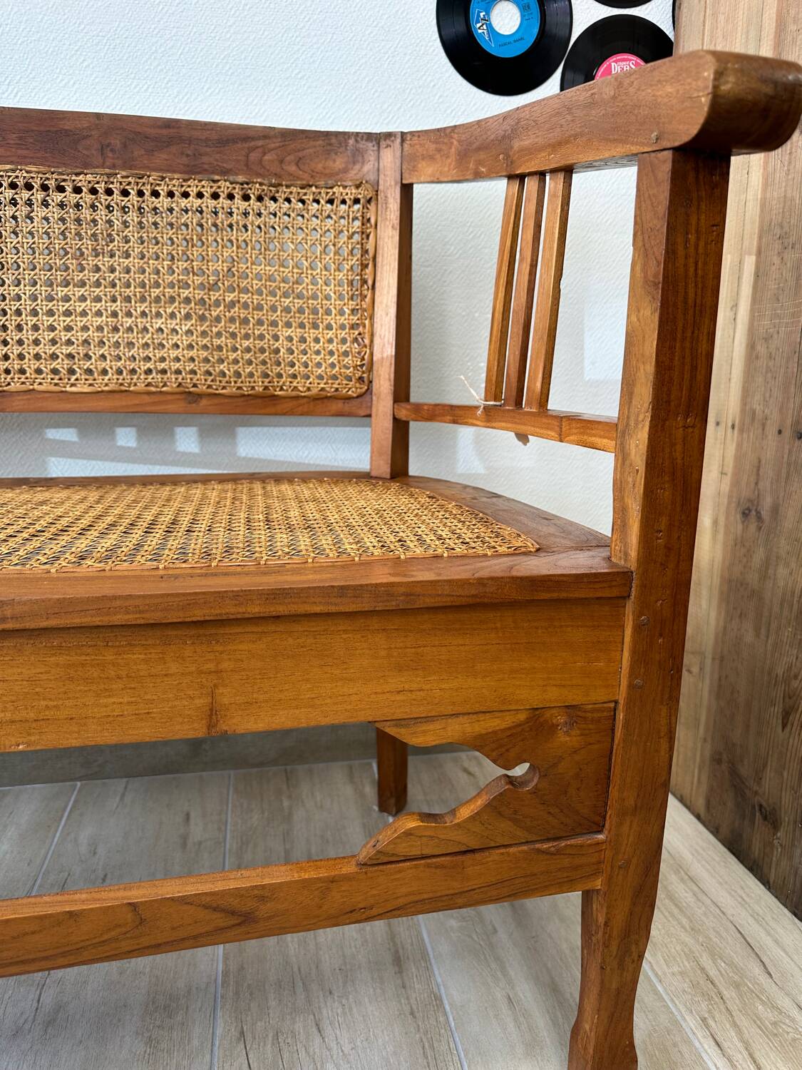 Art Deco wooden and cane bench