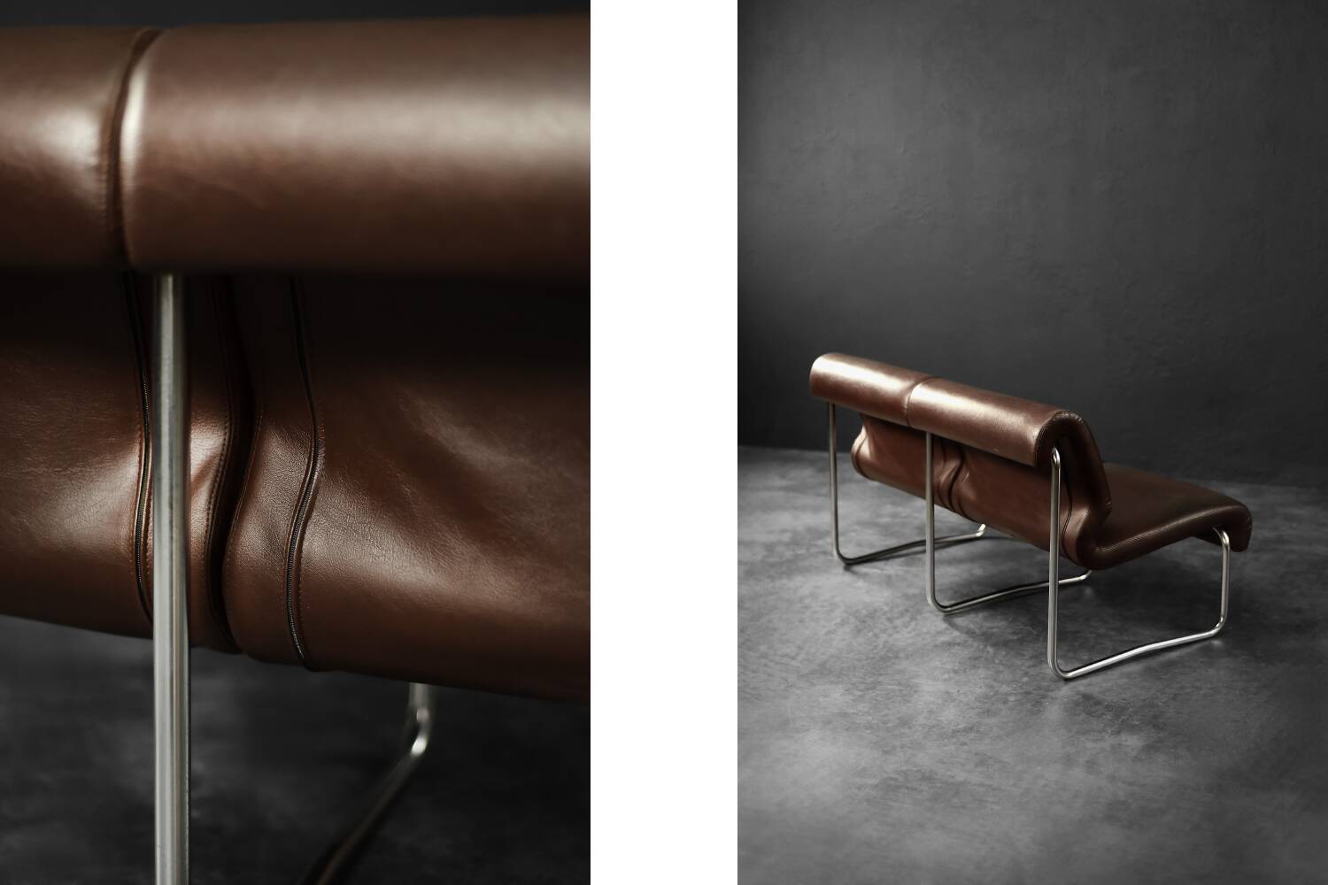 Two-seater canapé in steel and brown faux leather, Germany 1970.