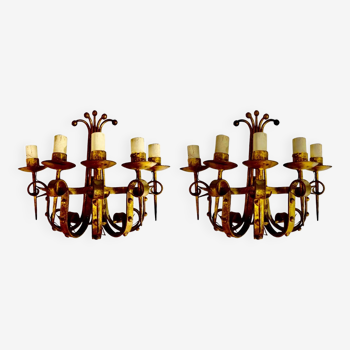 Pair of golden metal wall lights, brutalist period, Spain 1960