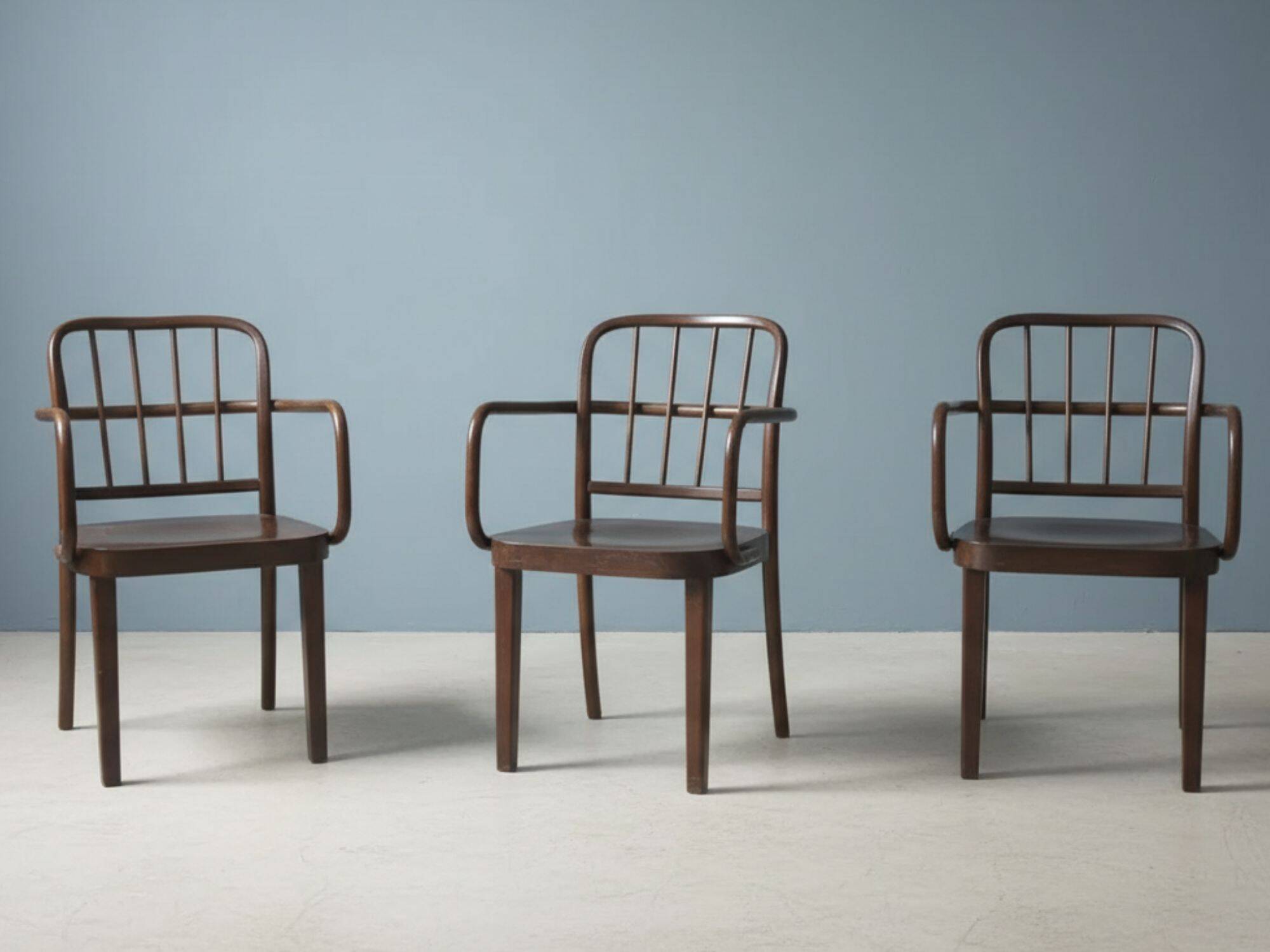 Set of 3 bentwood armchairs attributed to Josef Hoffmann for Thonet, Czechoslovakia, 1930s–1950s