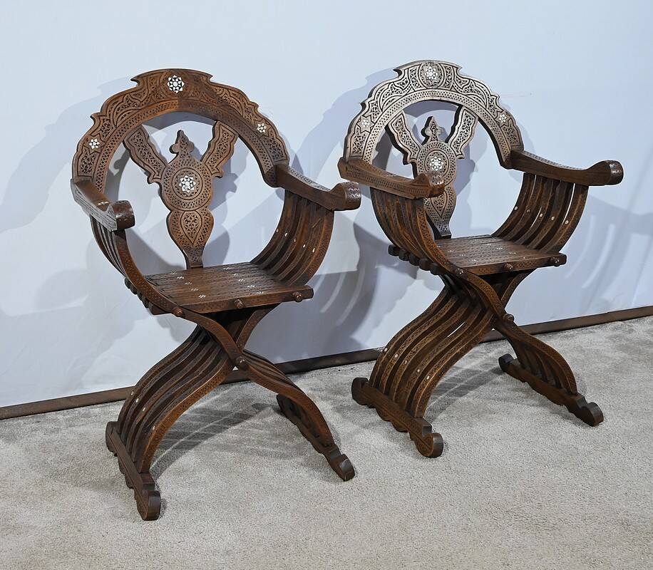 Pair of Savonarola Syrian Walnut Armchairs – Late 19th Century