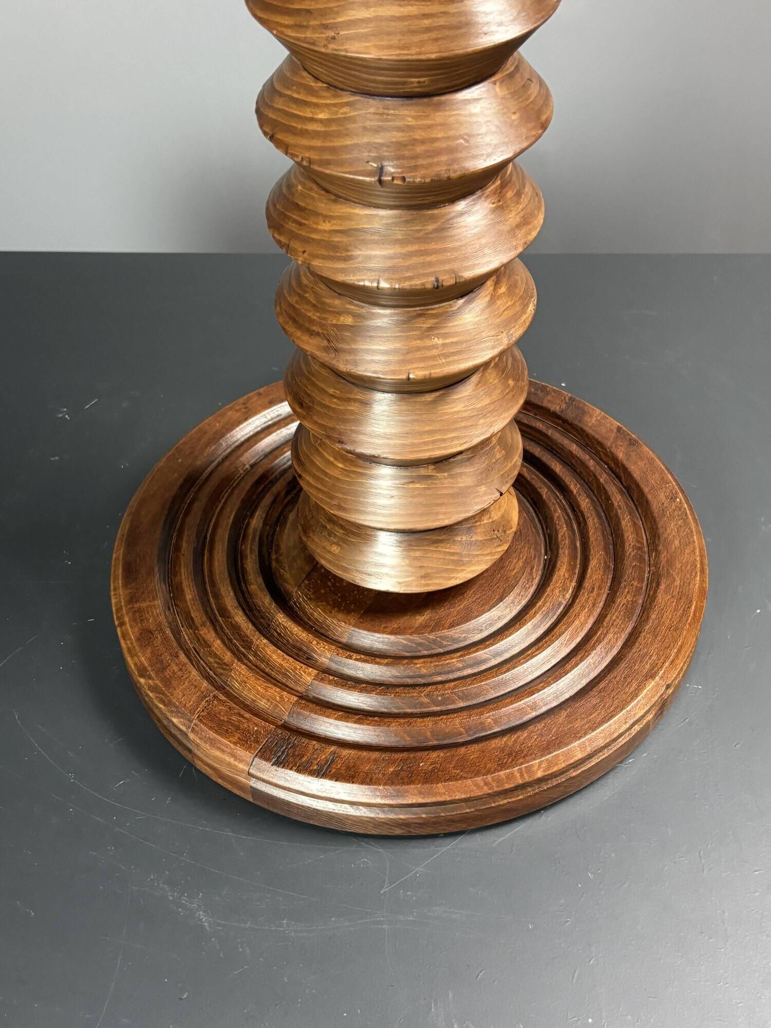 Midcentury brutalist wood turned side table, Charles Dudouyt style, 1950s