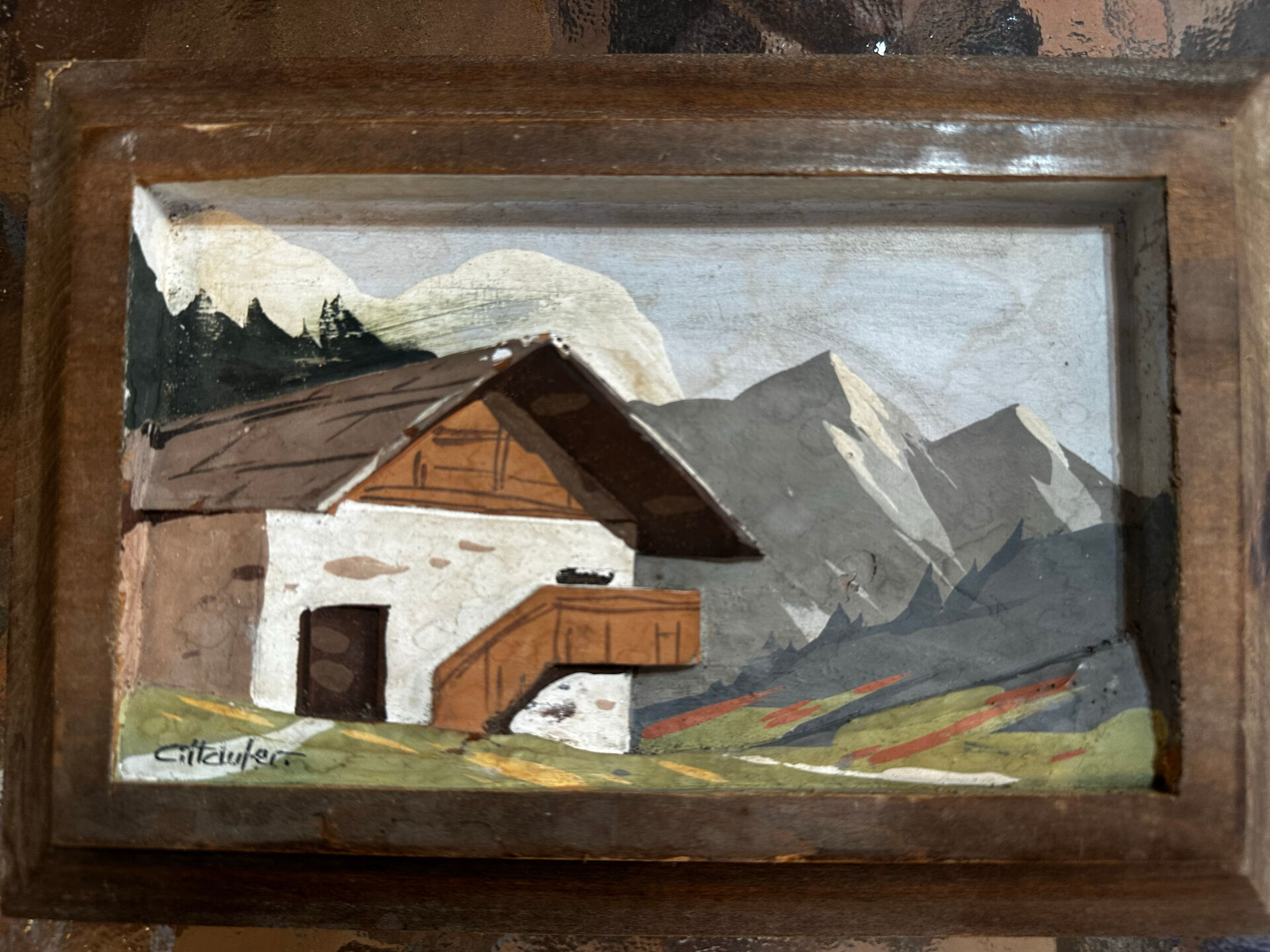 Vintage Carved and Painted Wooden Alpine Plaque 15 / 22 cm