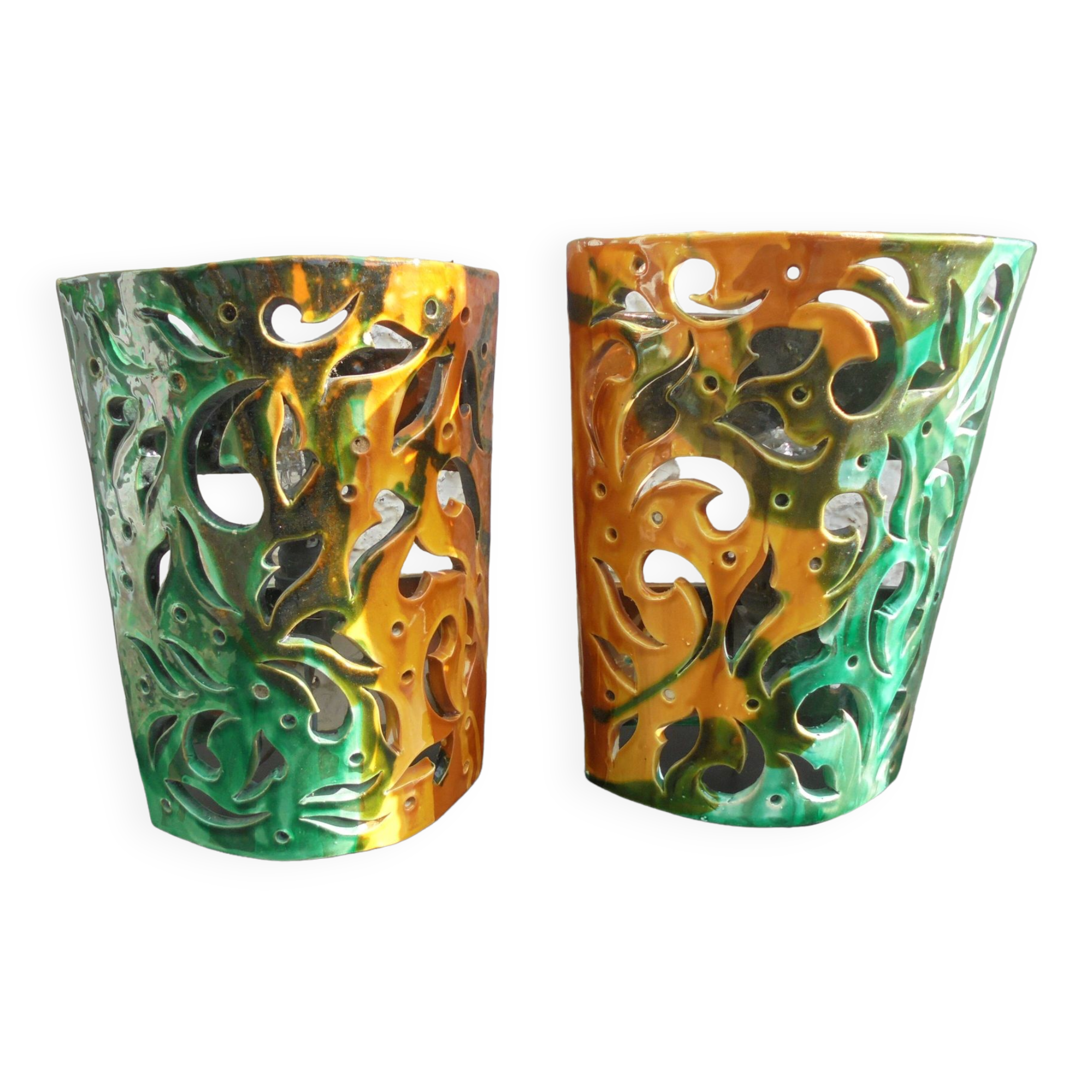 Pair of ceramic wall lights in Vallauris style, Brunin.