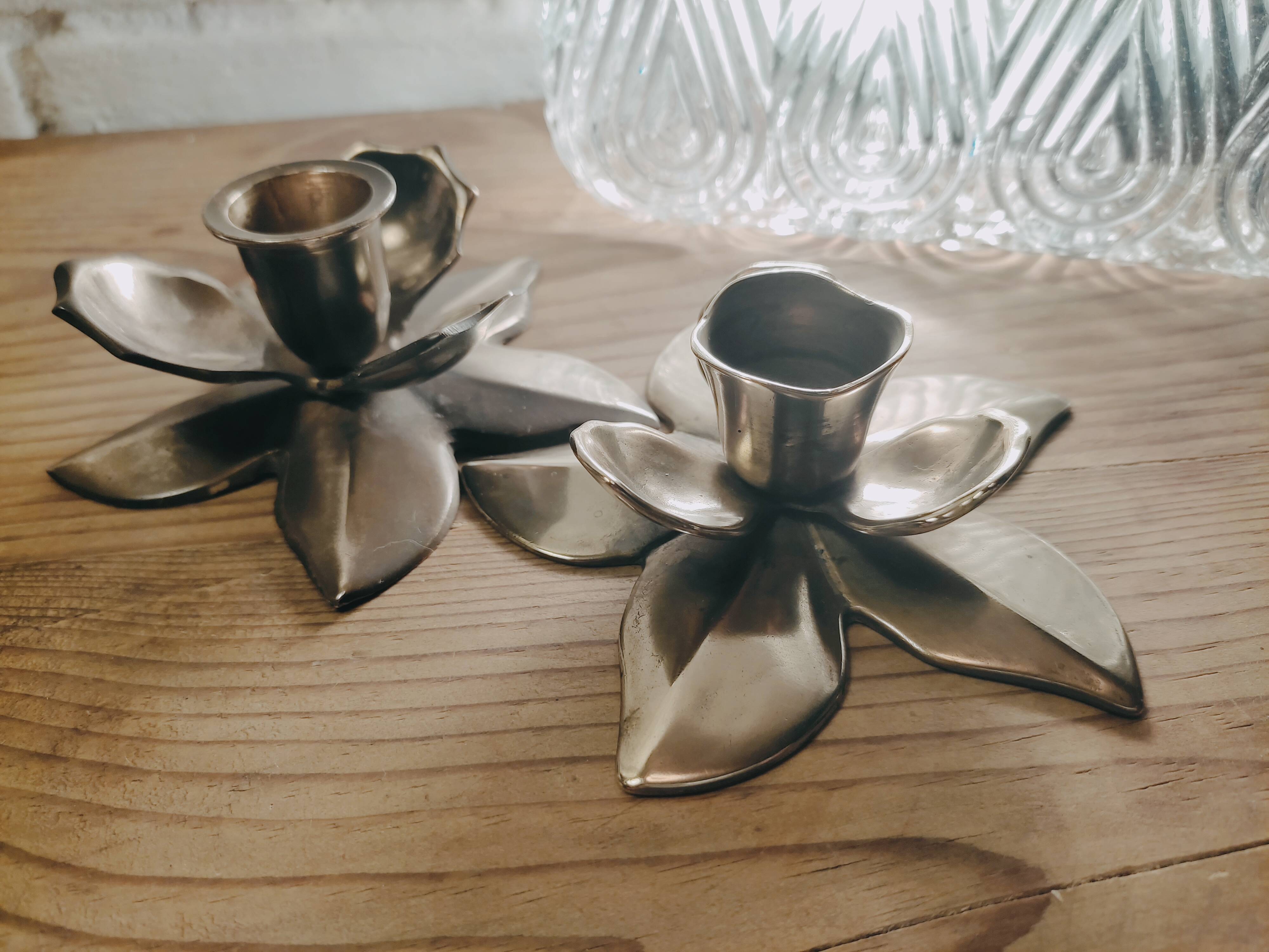 Duo of brass star candle holders