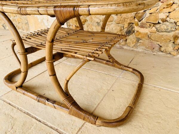 Table basse vintage en bambou et rotin dans le goût de Tito Agnoli, circa 1960