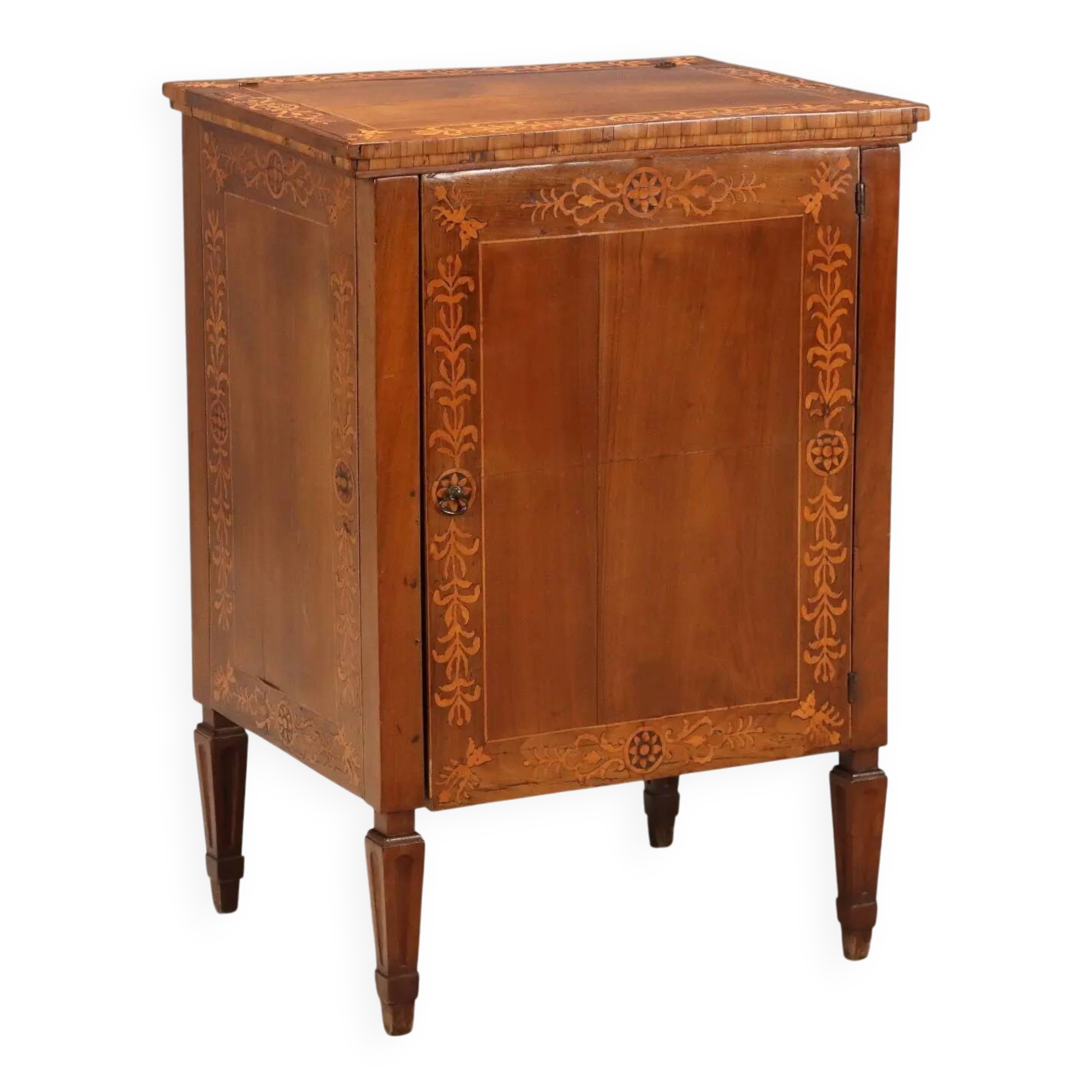 Antique walnut bedside table with maple inlays, converted into a bar cabinet, 19th century.