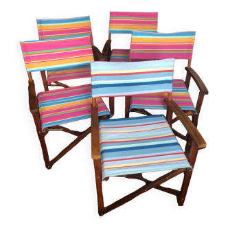 Set of 5 vintage folding chairs in fir wood and fabric