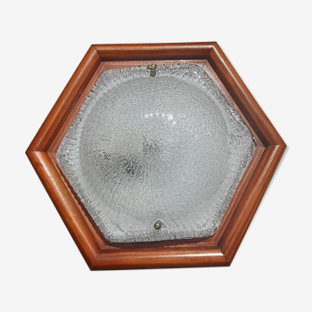 Exagonal ceiling lamp in frosted glass, wooden base, vintage 1970'