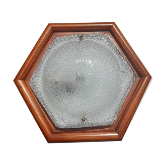 Exagonal ceiling lamp in frosted glass, wooden base, vintage 1970'
