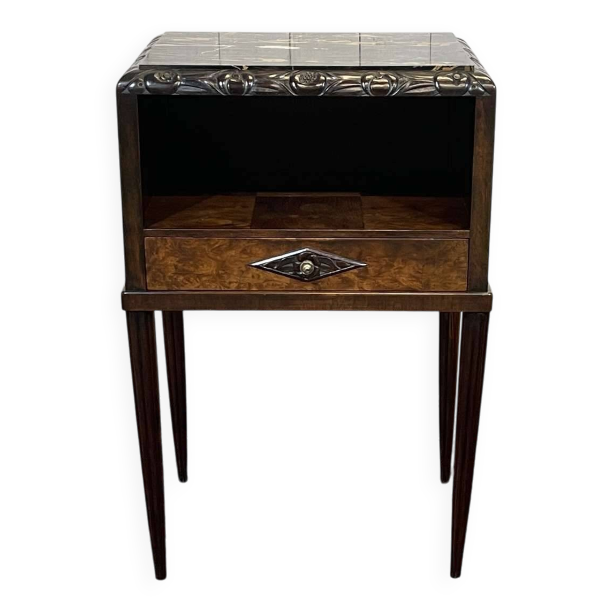 Art Deco bedside table in rosewood, walnut burl, and marble top.