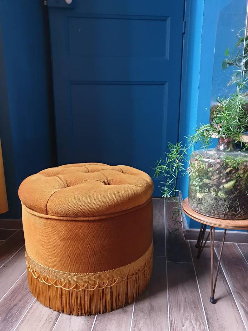Old golden camel velvet pouf art deco style