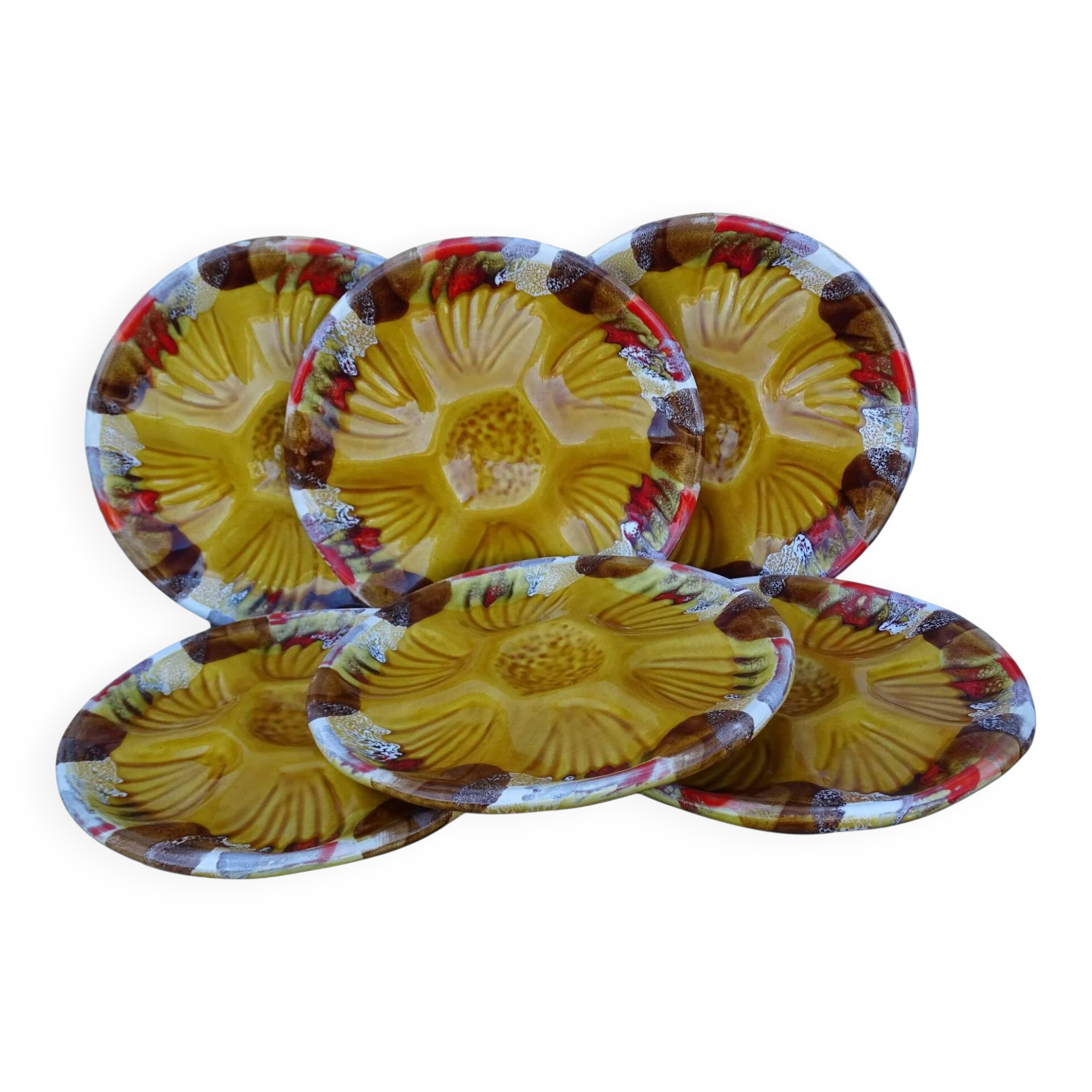 Assiettes à huîtres vintage en faïence de Vallauris, service de six