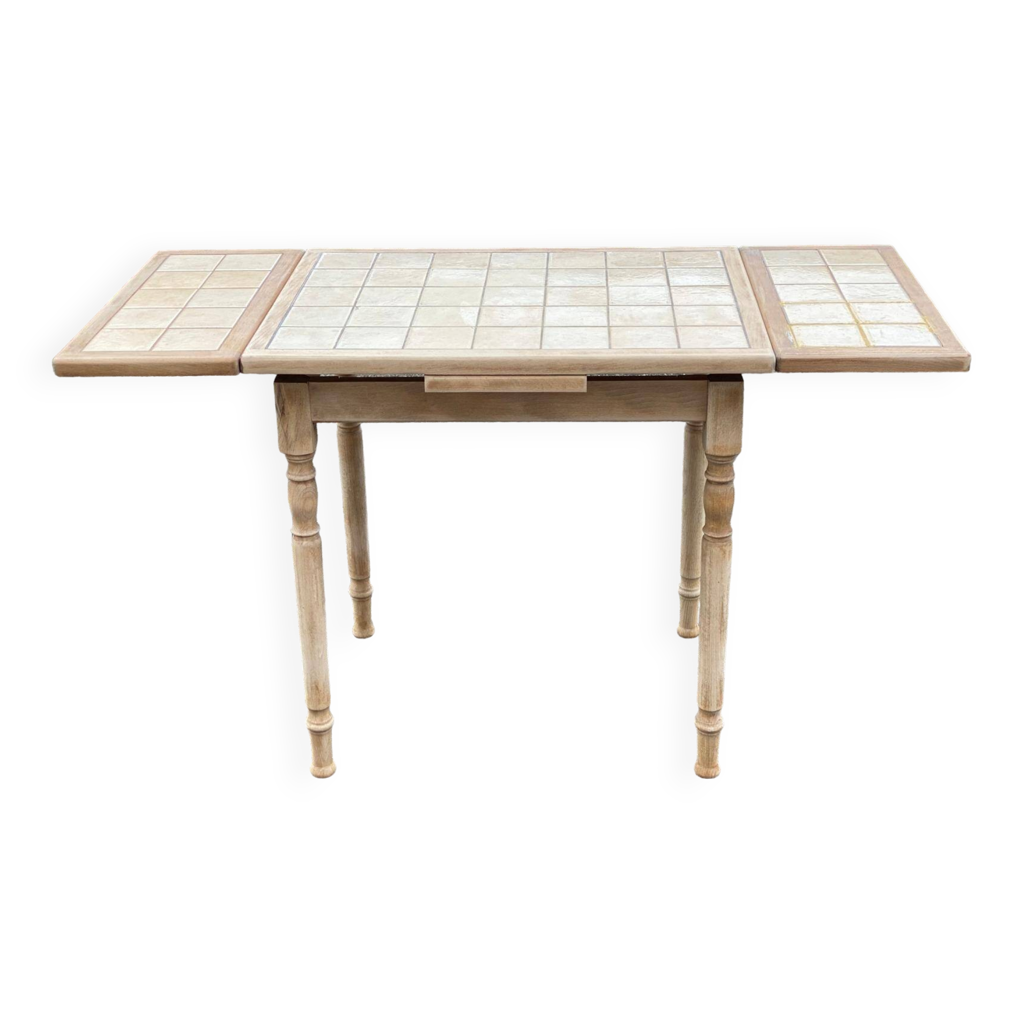 Extendable kitchen table renovated in raw solid wood and ceramic tiles