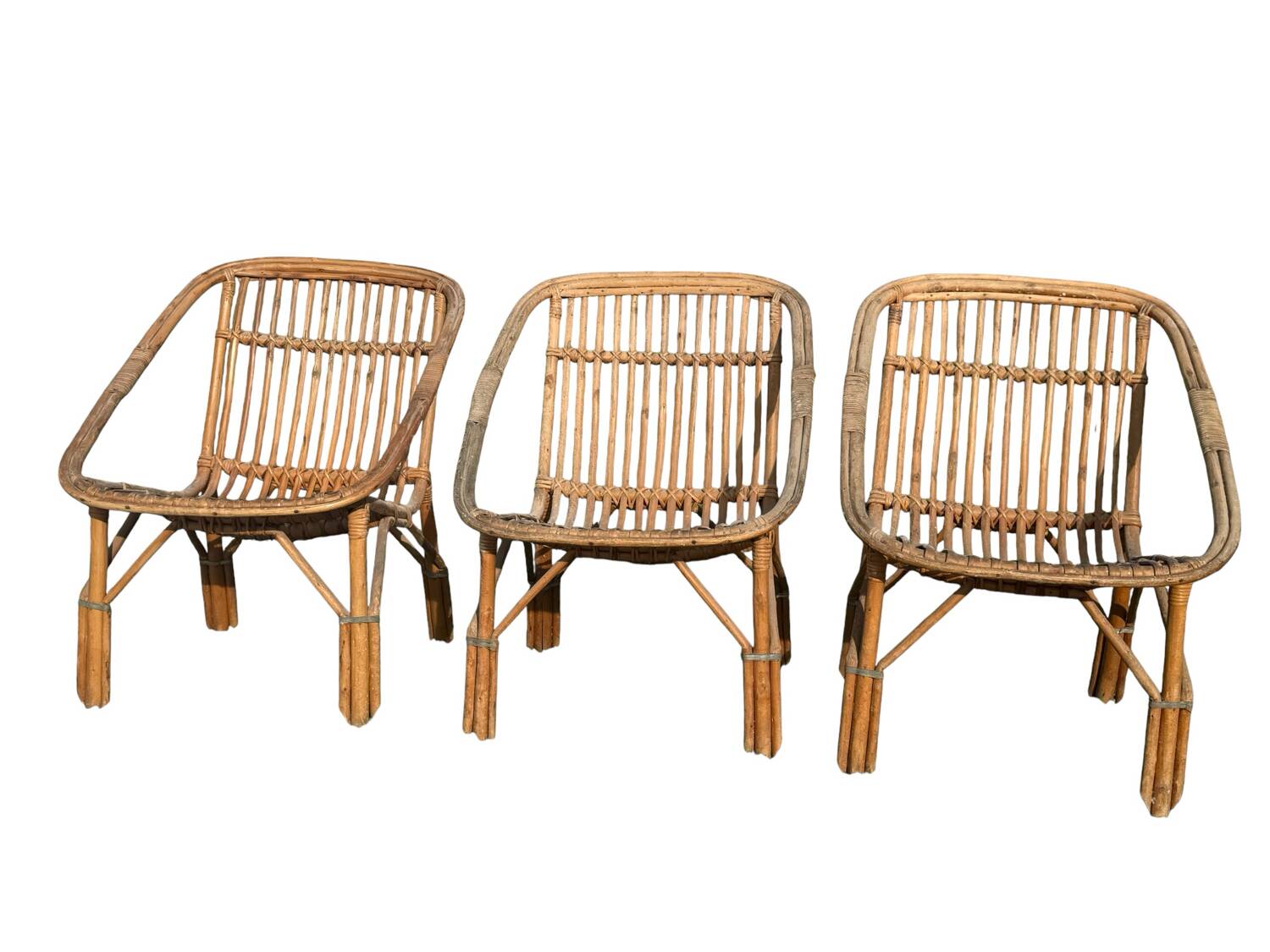 Set of 3 rattan armchairs from the 1960s, France.