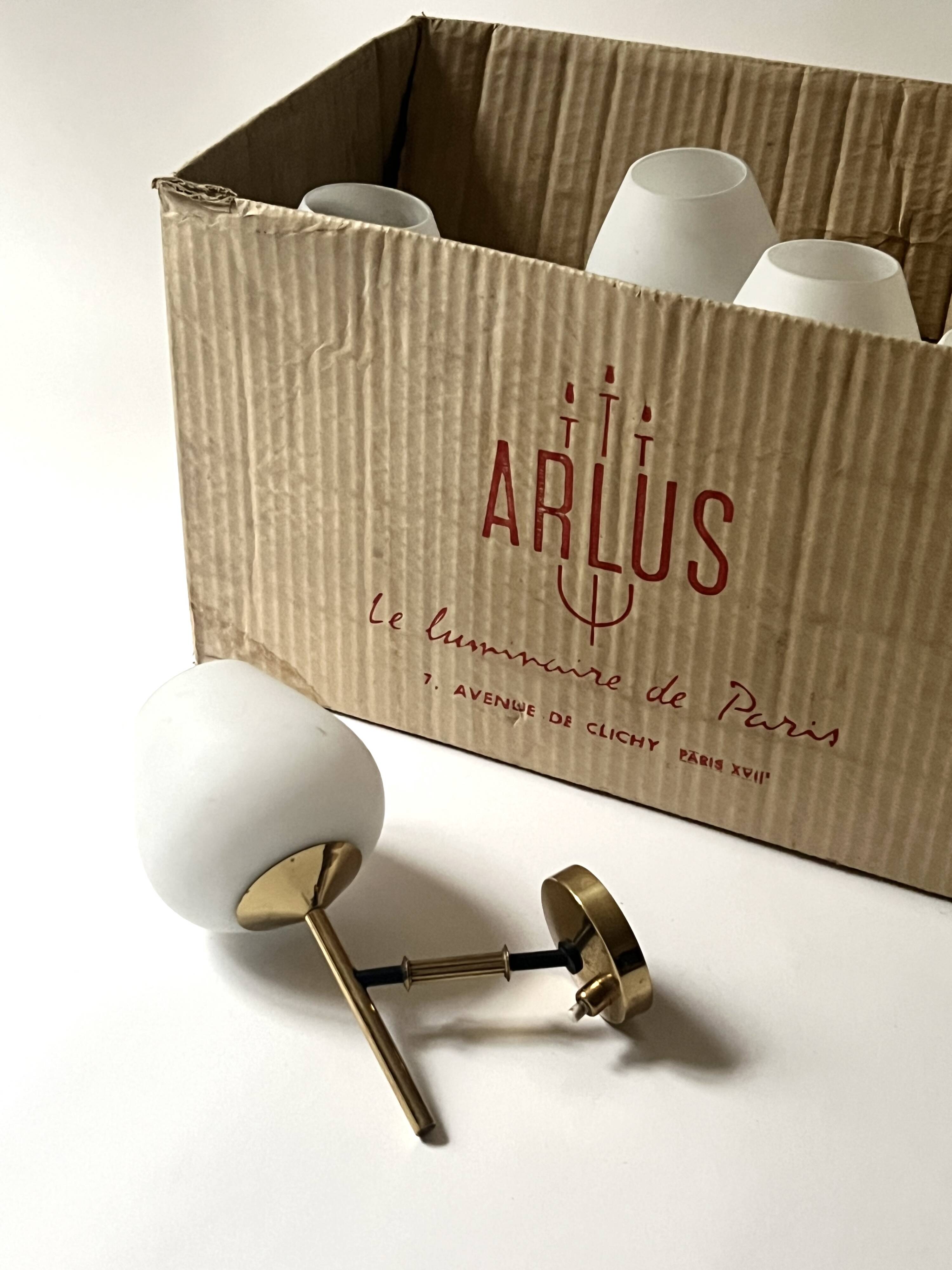 2 double wall lights in brass and white opaline glass, Arlus design 1950