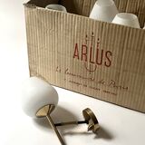 2 double wall lights in brass and white opaline glass, Arlus design 1950