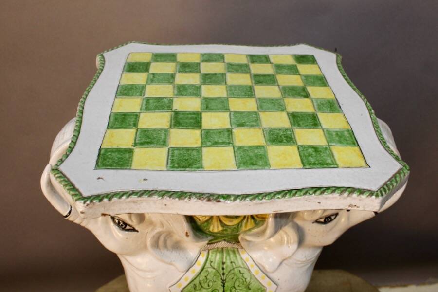 "Elephants" design chess table, enamelled, hand-painted.