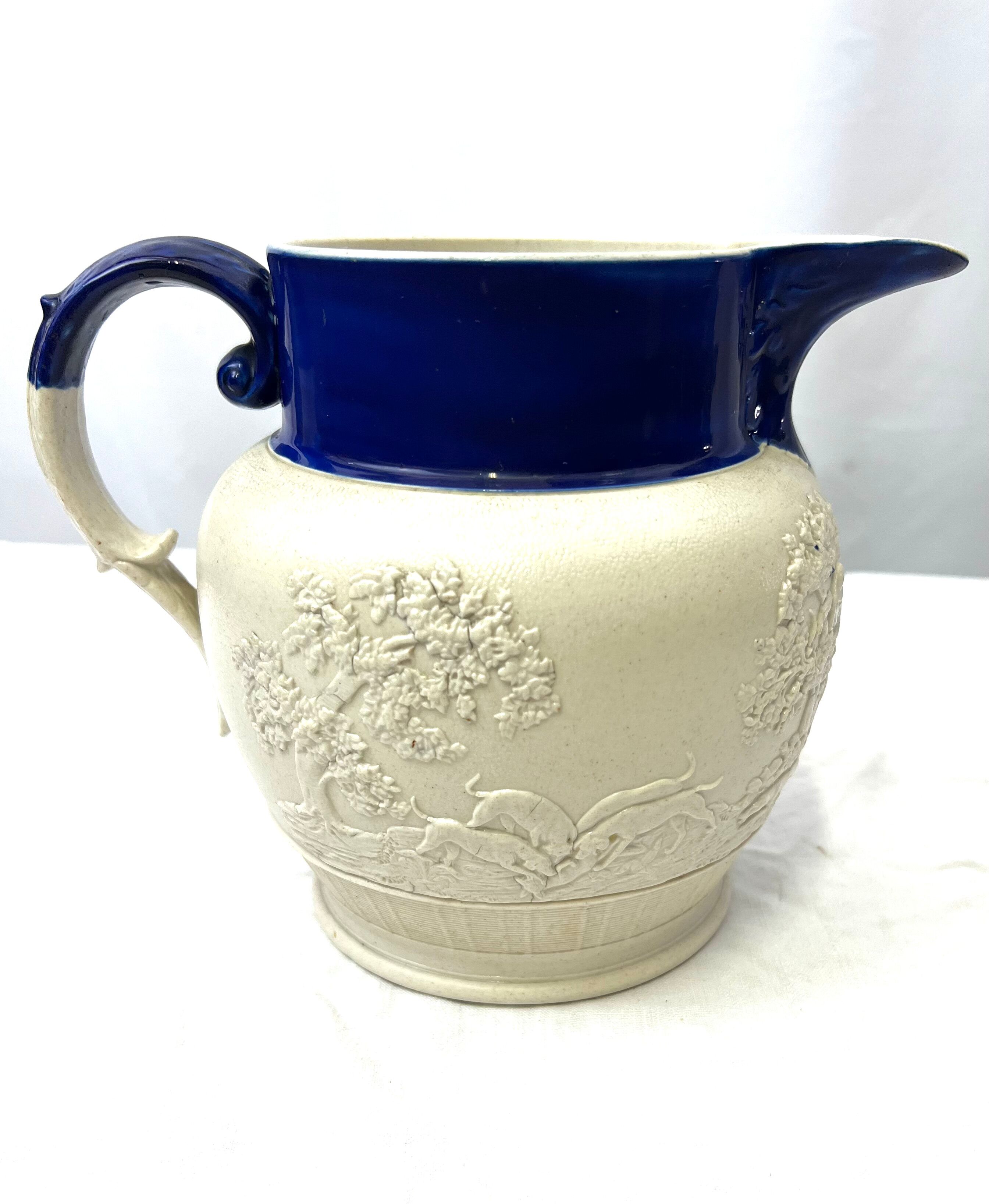 White pitcher blue pattern horses dog style Wedgwood