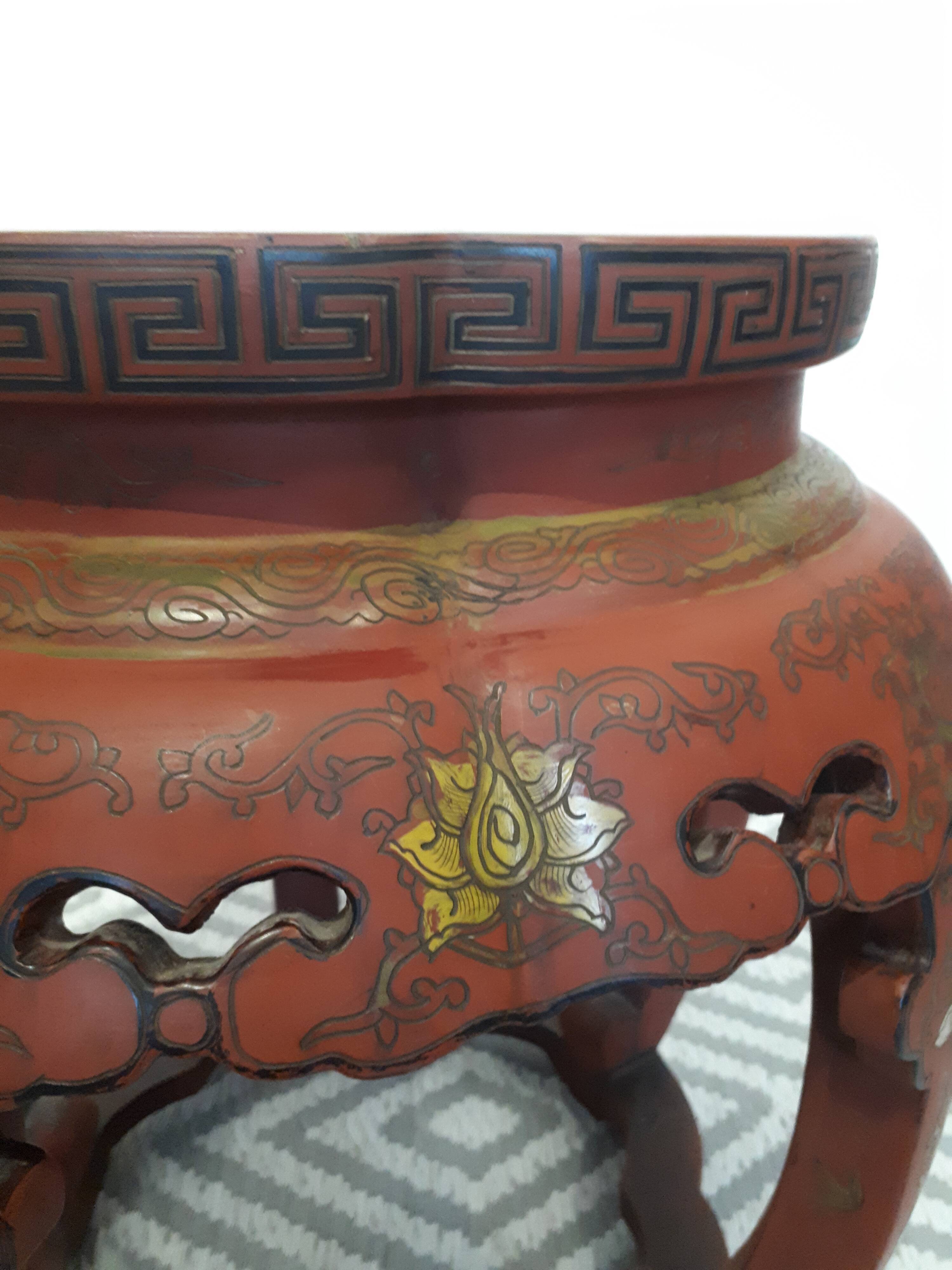Stool Chinese pedestal table old red lacquer