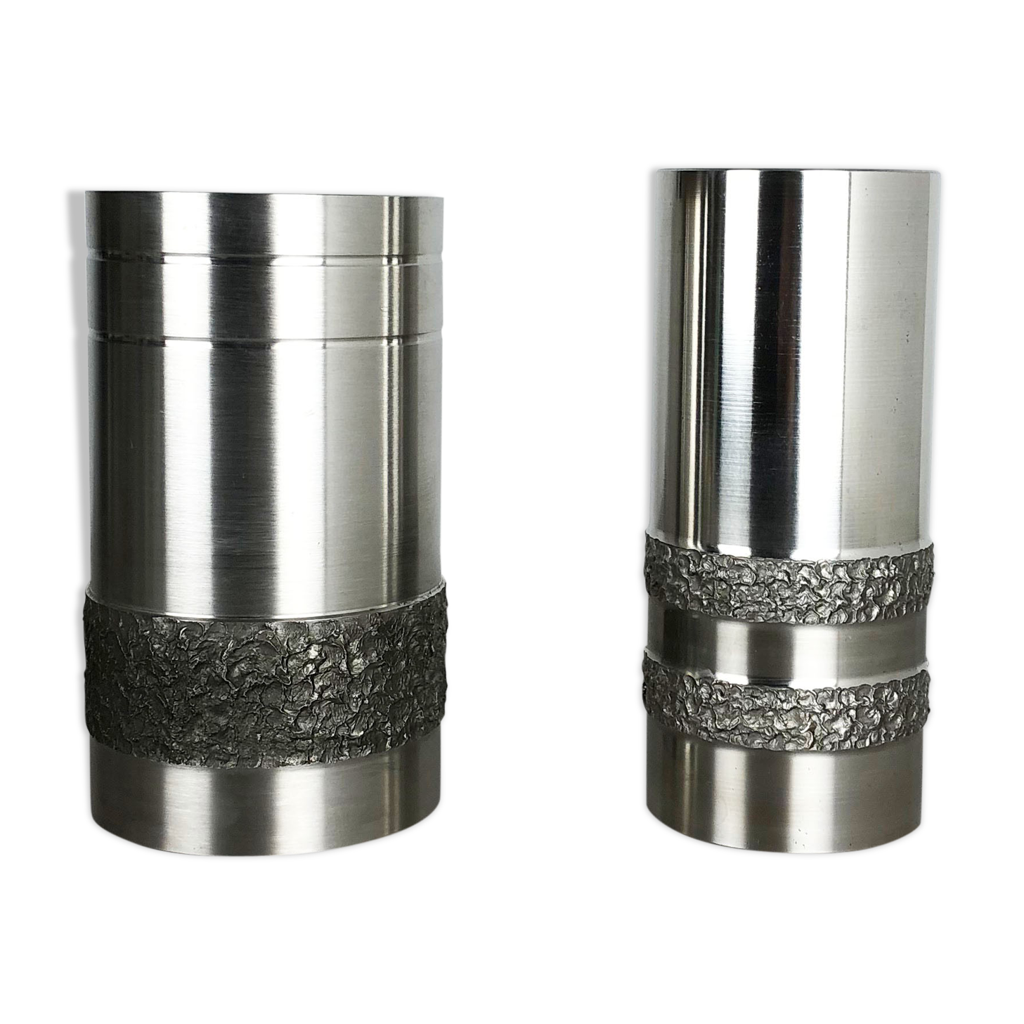 Set of 2 modernist vintage sculptural brutalist steel vases, Germany 1970s