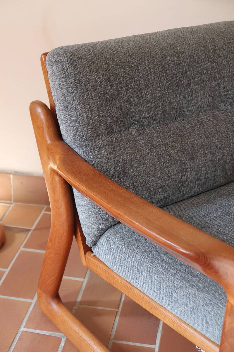 Scandinavian armchair teak Komfor blue-grey fabric 60's sled base
