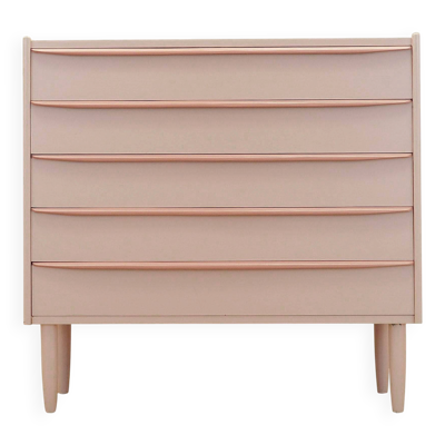 Commode rose danoise des années 1970, quatre tiroirs, placage de teck.
