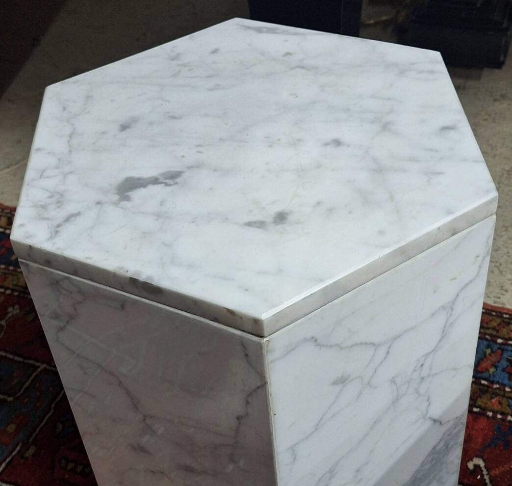 Italian hexagonal Carrara marble monolith side table / pedestal