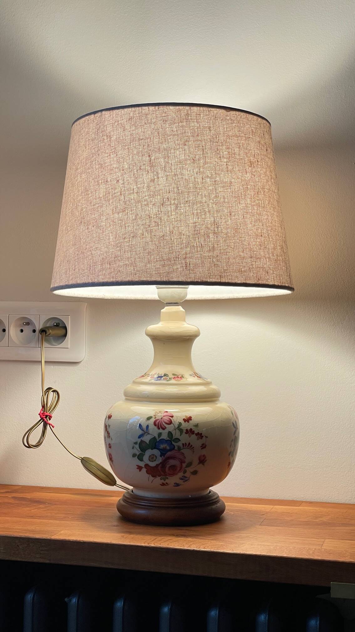 Vintage Ceramic Lamp with Wooden Base