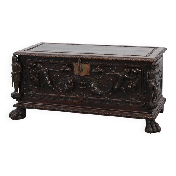 Coffre à couverture en chêne néo-renaissance français, 19e siècle