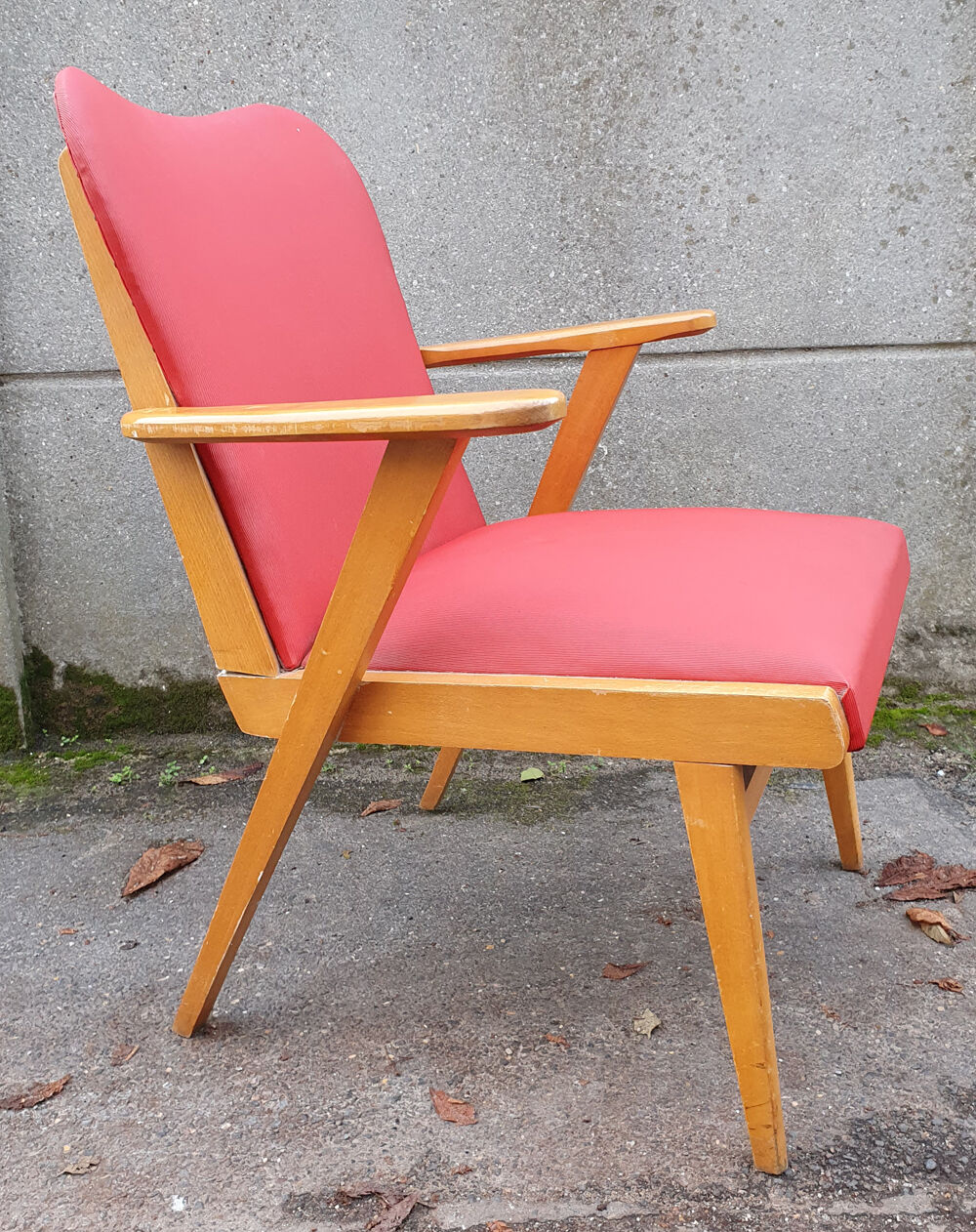 Red, vintage, Scandinavian, 50s wood and skai chair