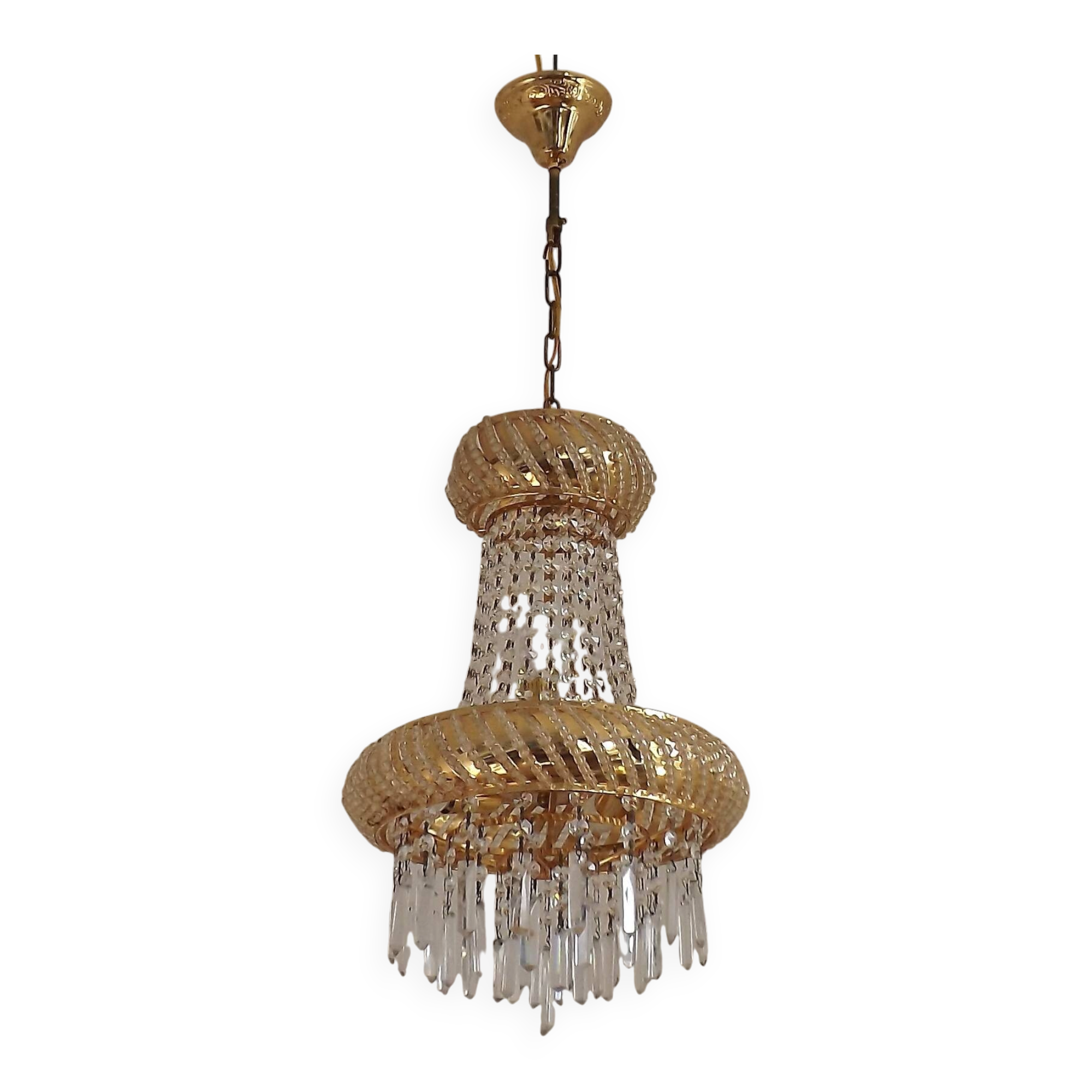 Vintage Gold Metal 5-Light Chandelier – Crystal Beads & Glass Prisms