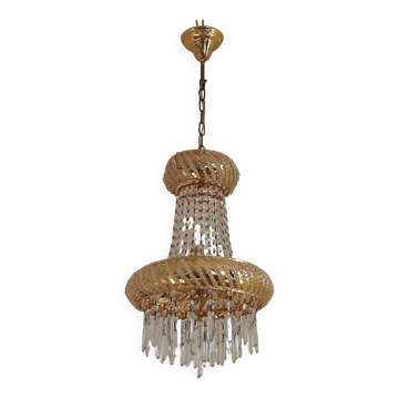 Vintage Gold Metal 5-Light Chandelier – Crystal Beads & Glass Prisms