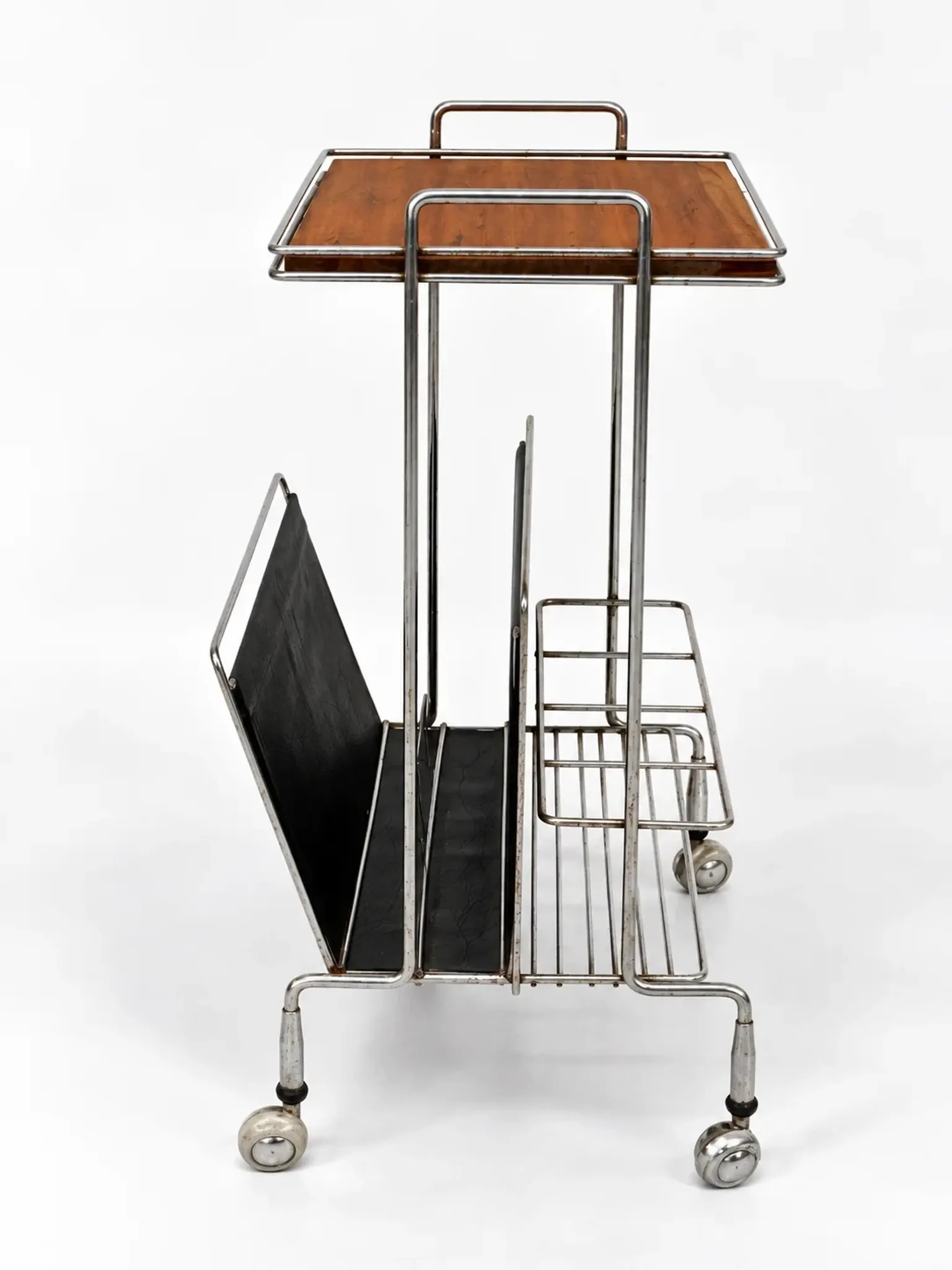 Mid-Century chrome and wood bar cabinet with magazine rack