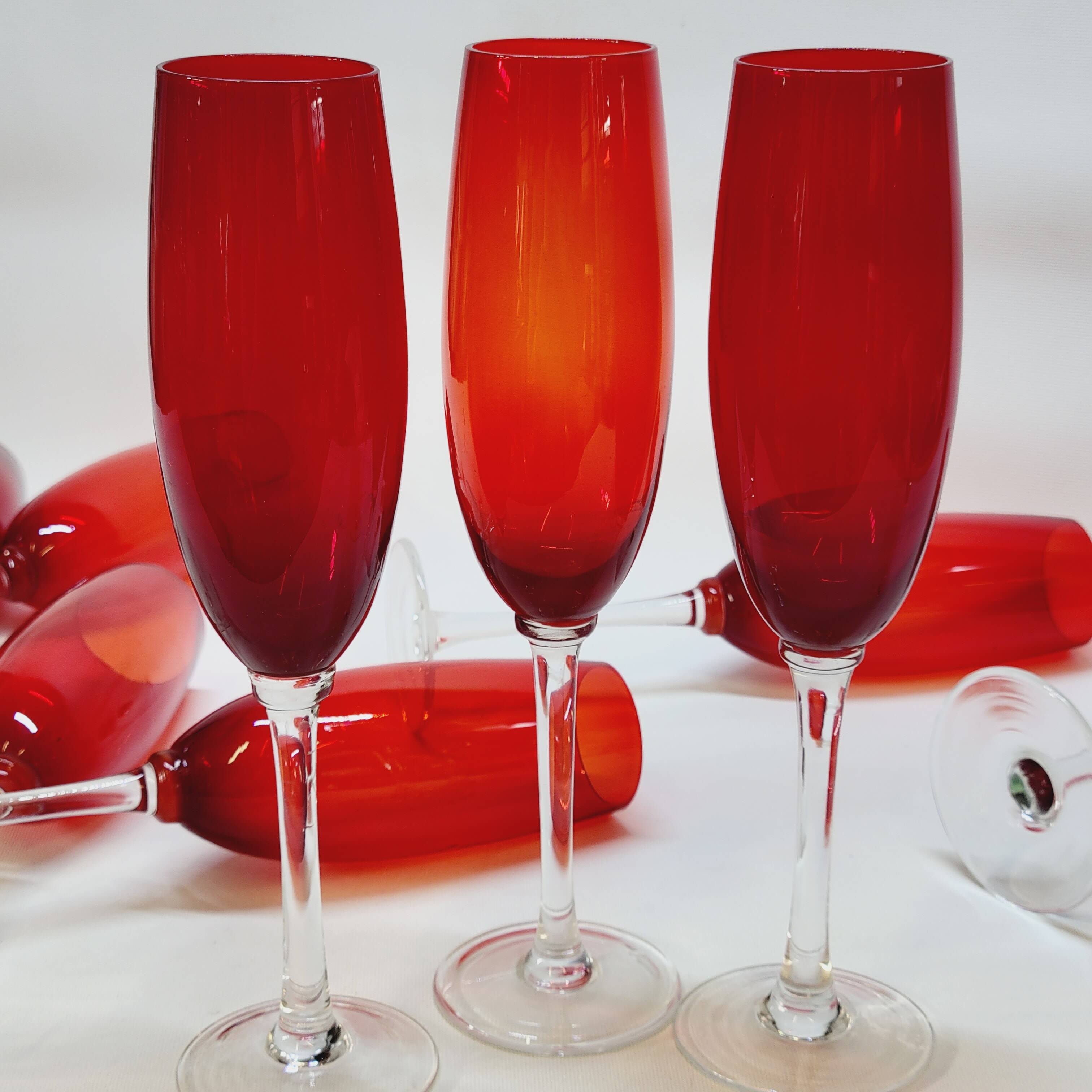 10 ruby red blown glass champagne flutes