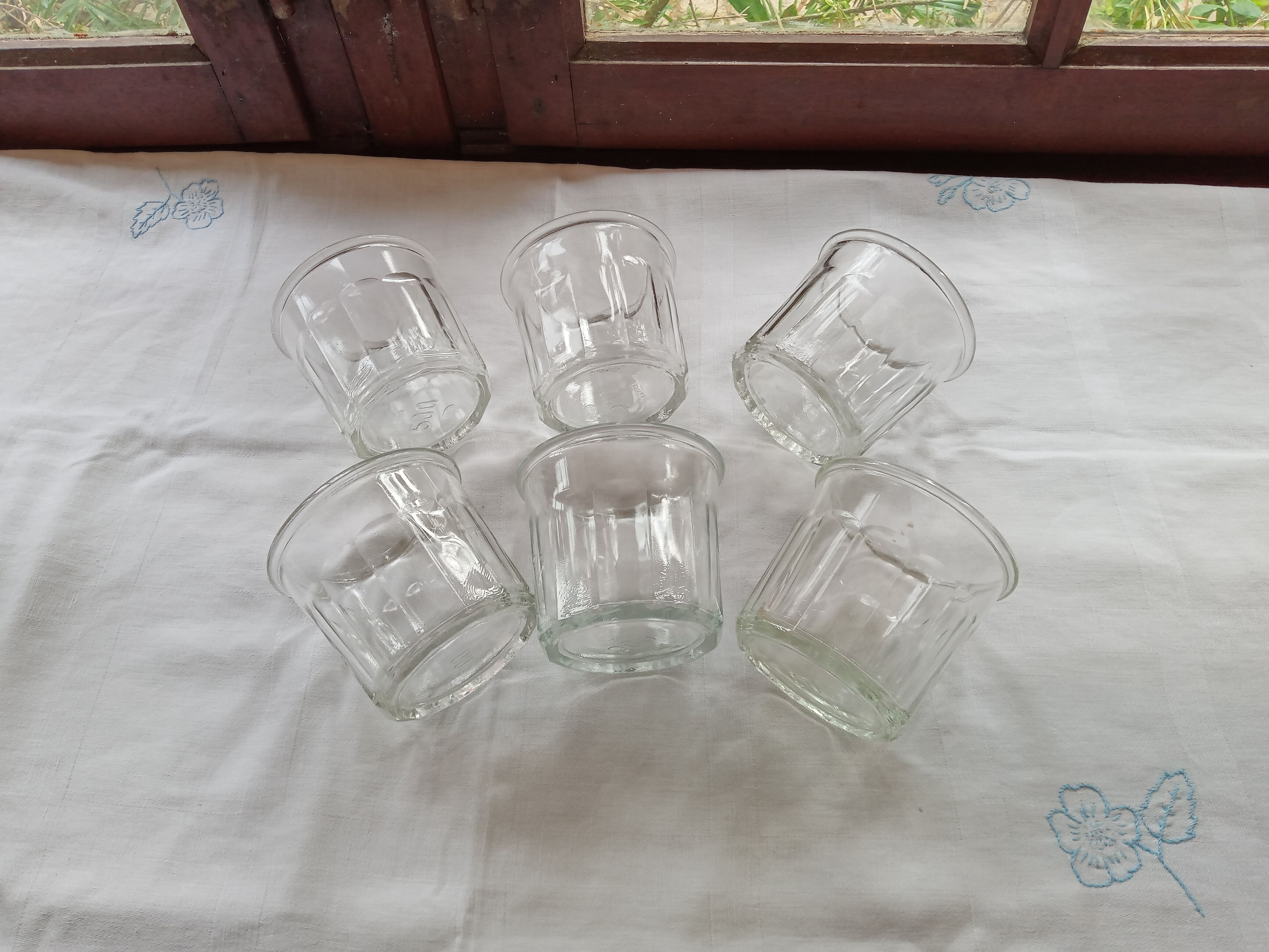6 old glass jam jars