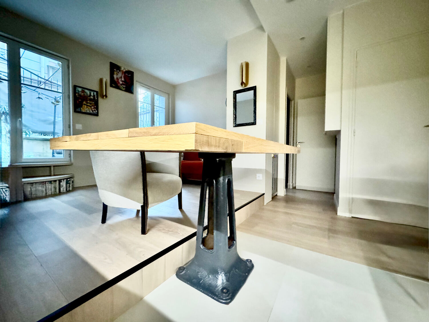 Solid oak dining table and cast iron.