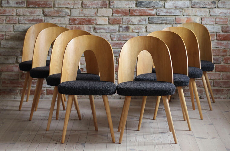 Ensemble de 8 chaises de salle à manger Midcentury par A.Šuman, rembourrées en boucle noire