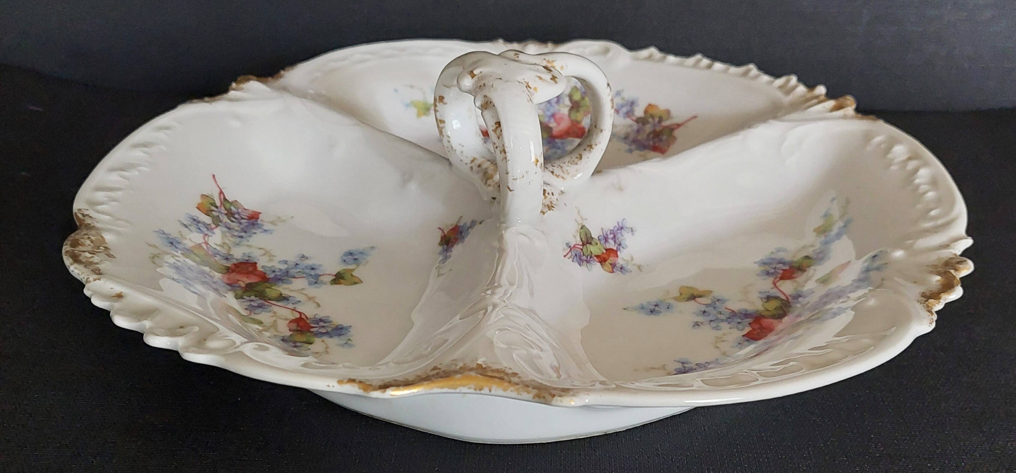 Serving dish beggar porcelain flowered Limoges early 20th century