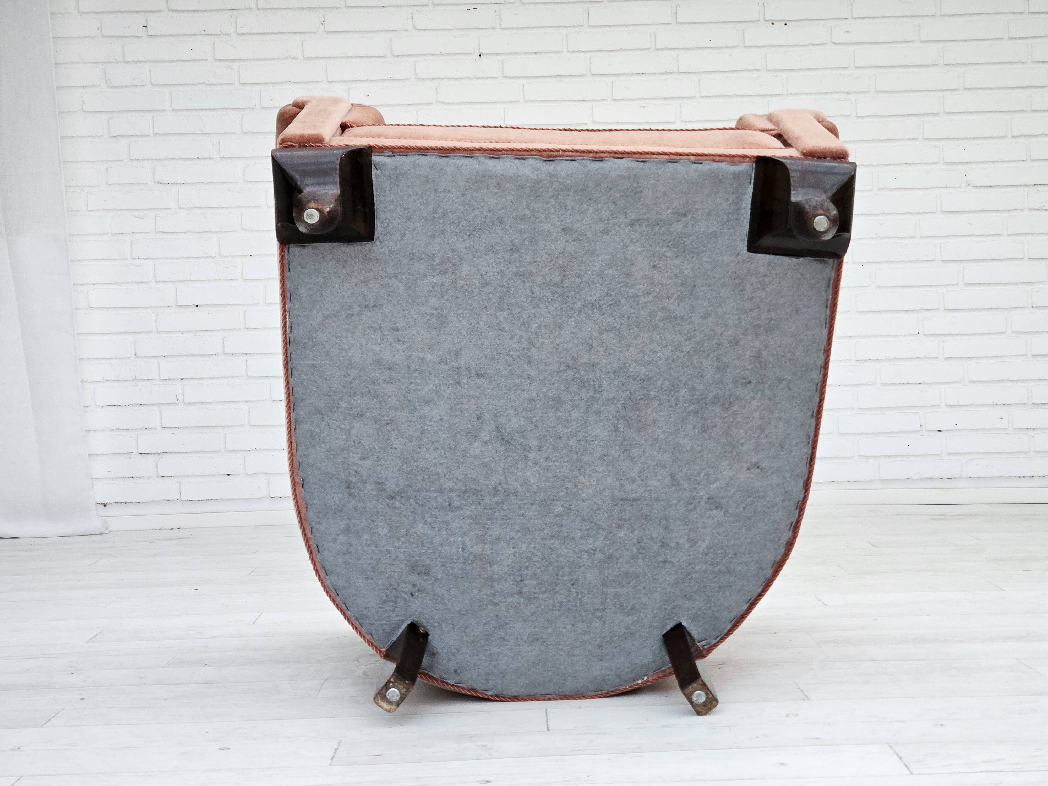 1960s, Danish armchair, salmon pink furniture velour, ash wood legs.