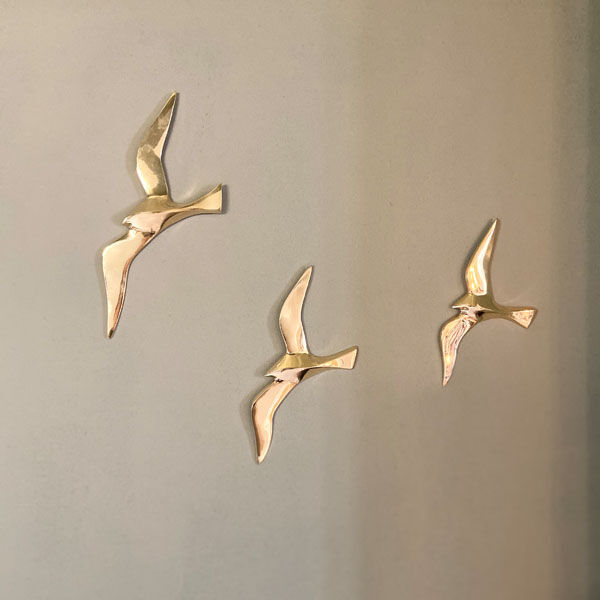 Series of 3 golden brass seagulls to hang