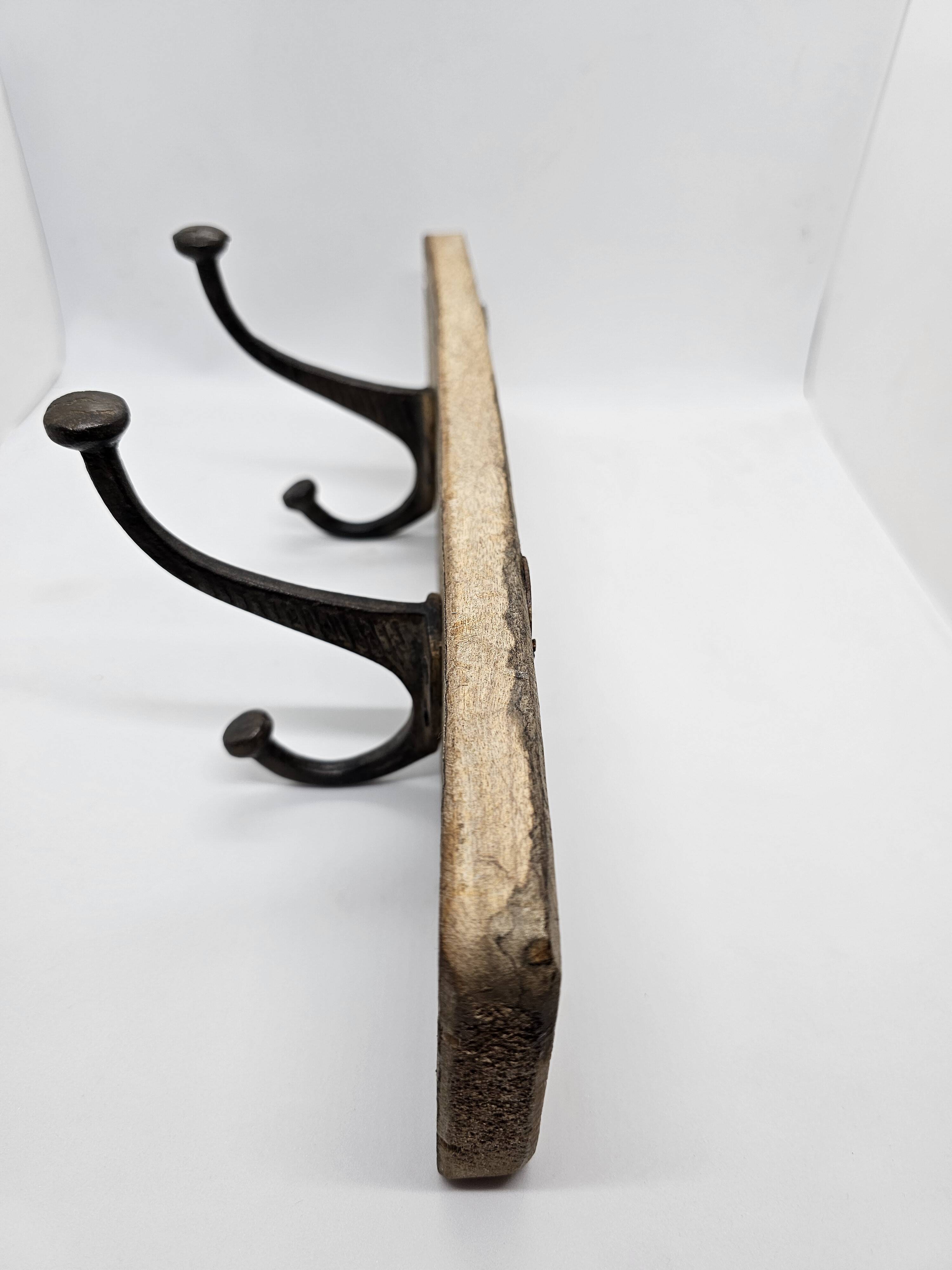 Solid teak coat hook with 2 double cast iron hooks
