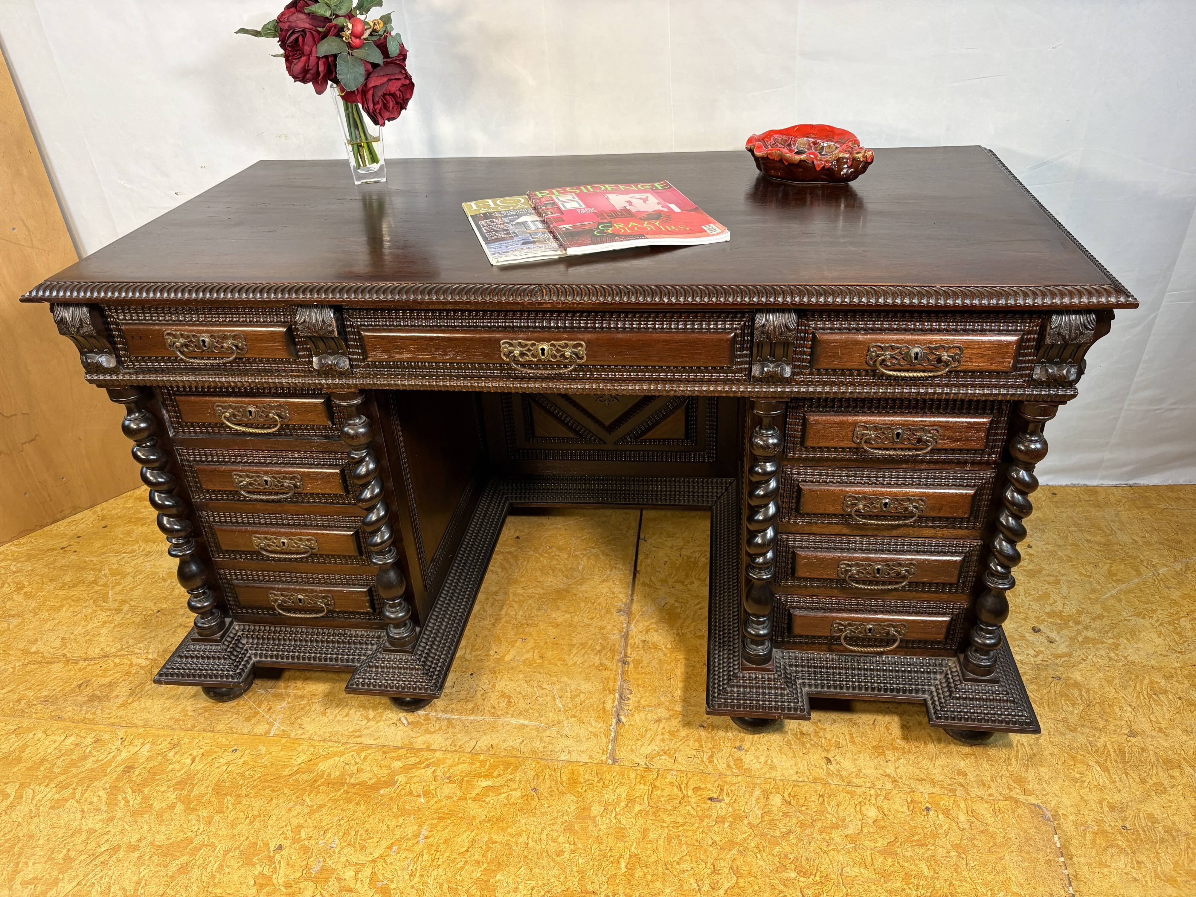 Exceptional Antique Portuguese Baroque Revival Twin Pedestal Desk  Spiral T